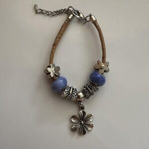 Portugal Cork Bracelet Silver Tone Blue Glass Bead Charm Flowers Butterflies Eco